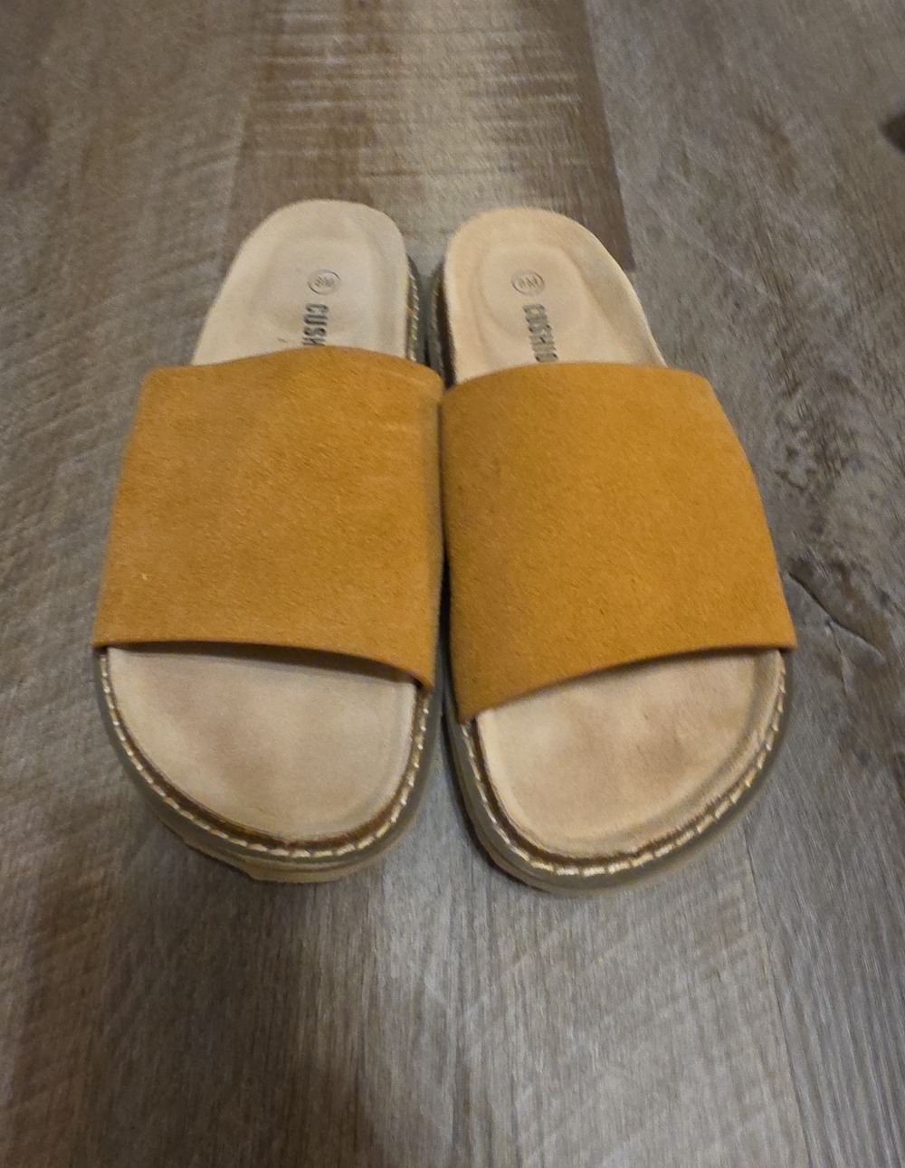 Women’s Slide Sandals with Wide Suede Strap in Mustard